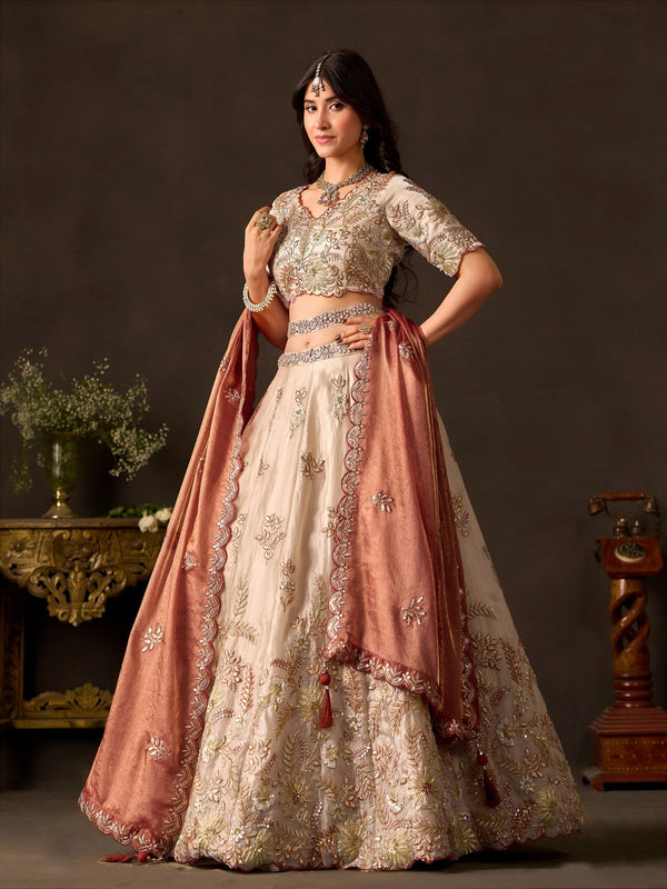 Copper Gold Fendy Fabric Embroidered Lehenga Choli With Dupatta ClothsVilla