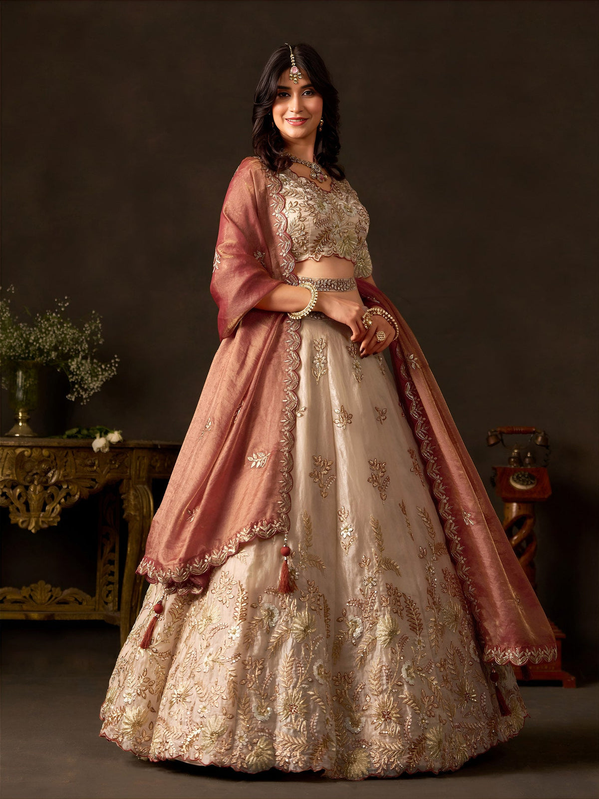 Copper Gold Fendy Fabric Embroidered Lehenga Choli With Dupatta ClothsVilla