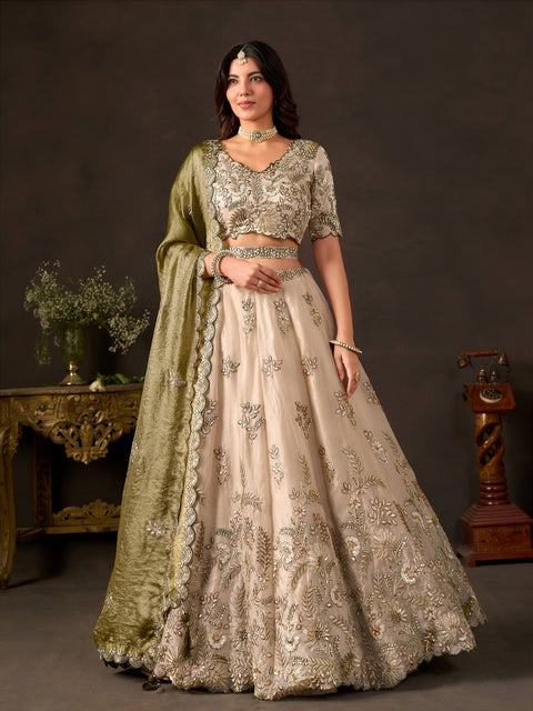 Olive Gold Fendy Fabric Embroidered Lehenga Choli With Dupatta ClothsVilla Main image