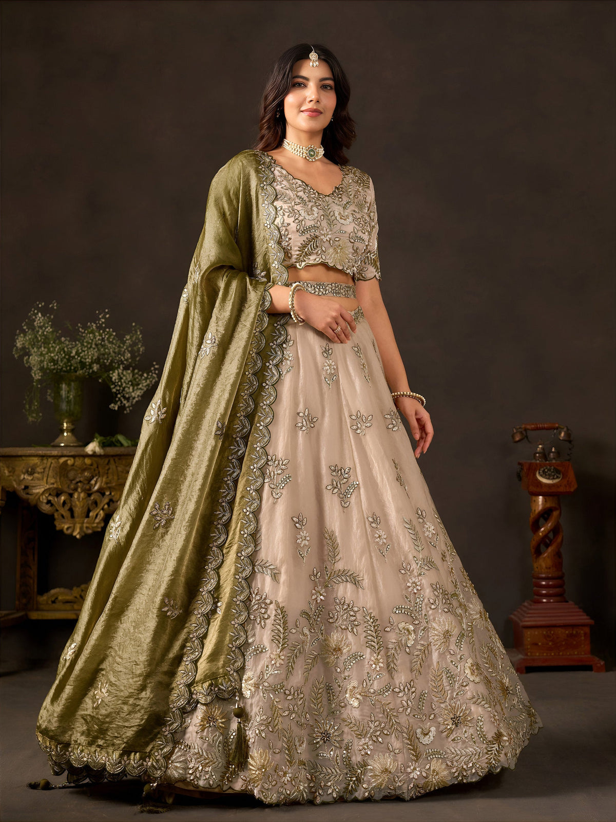 Olive Gold Fendy Fabric Embroidered Lehenga Choli With Dupatta ClothsVilla