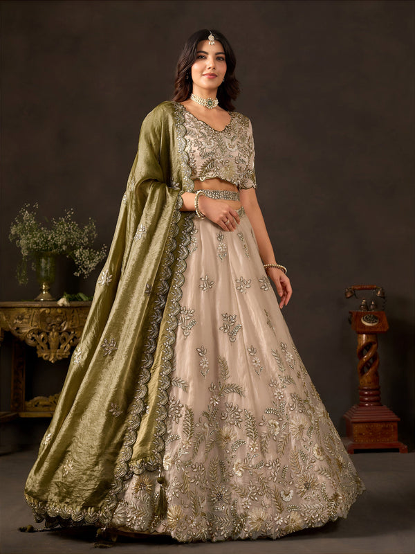 Olive Gold Fendy Fabric Embroidered Lehenga Choli With Dupatta ClothsVilla