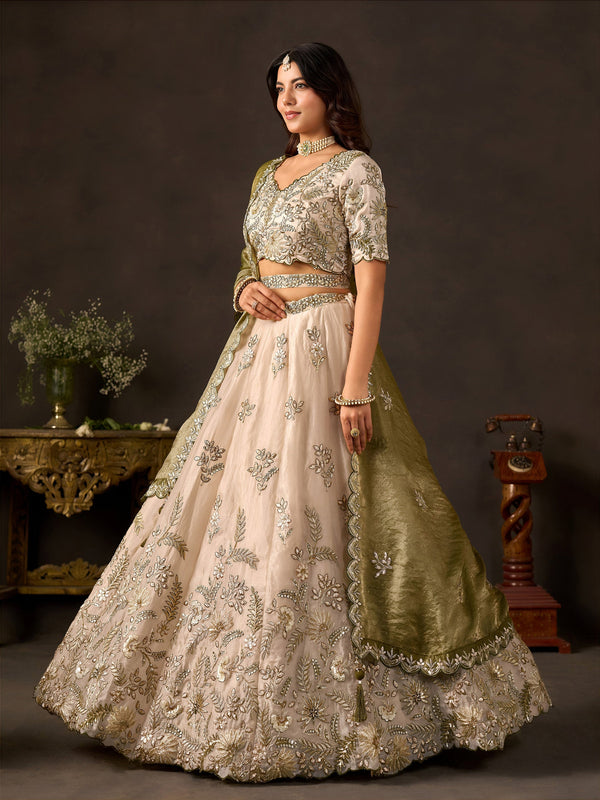 Olive Gold Fendy Fabric Embroidered Lehenga Choli With Dupatta ClothsVilla