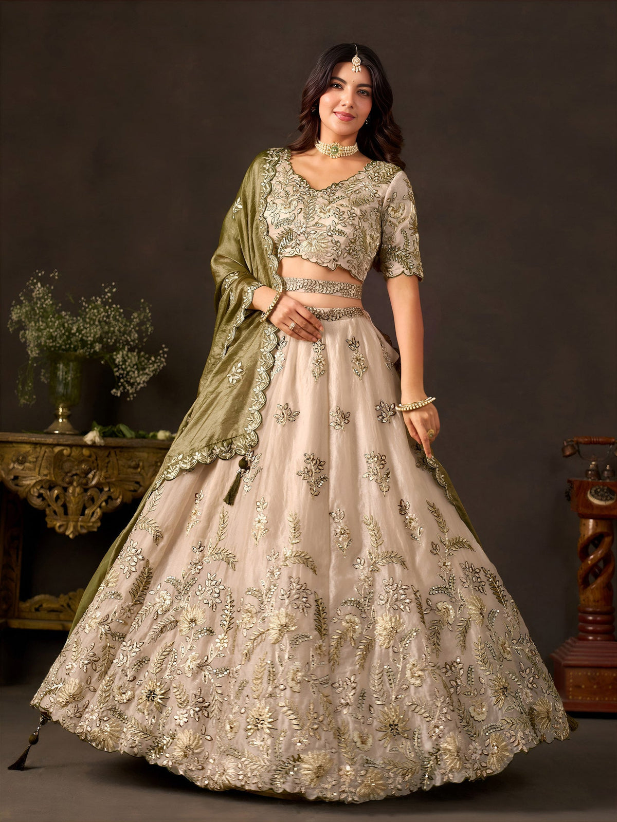 Olive Gold Fendy Fabric Embroidered Lehenga Choli With Dupatta ClothsVilla