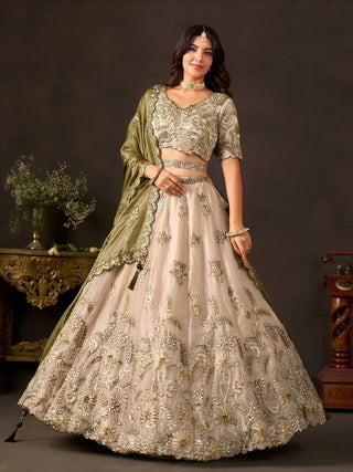 Olive Gold Fendy Fabric Embroidered Lehenga Choli With Dupatta ClothsVilla