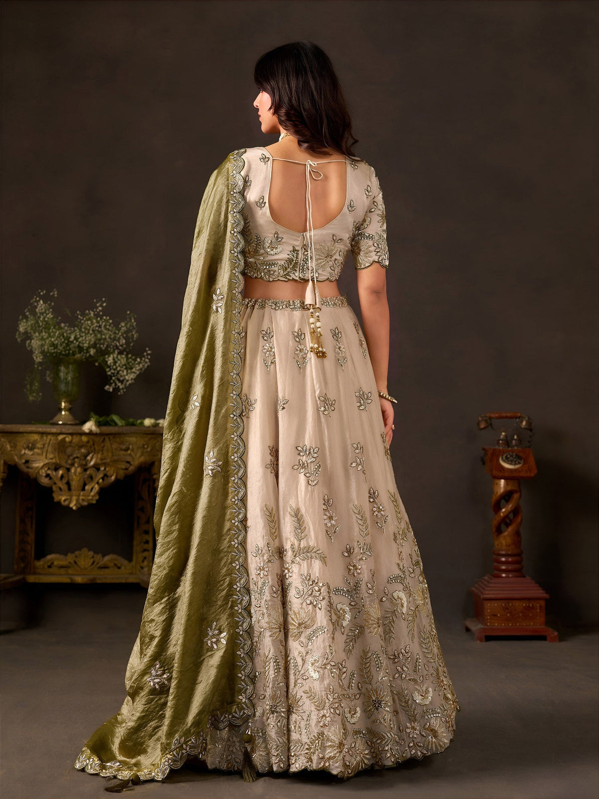 Olive Gold Fendy Fabric Embroidered Lehenga Choli With Dupatta ClothsVilla