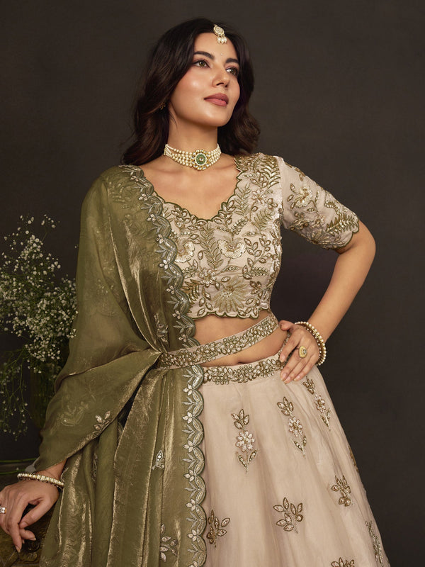 Olive Gold Fendy Fabric Embroidered Lehenga Choli With Dupatta ClothsVilla