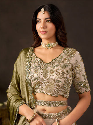 Olive Gold Fendy Fabric Embroidered Lehenga Choli With Dupatta ClothsVilla