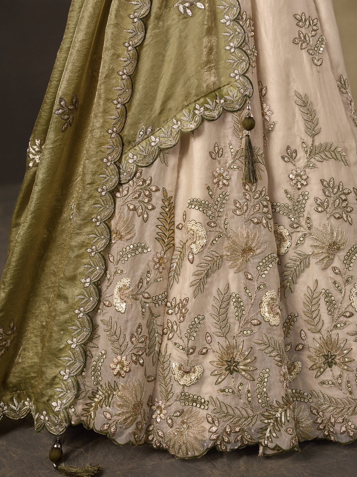 Olive Gold Fendy Fabric Embroidered Lehenga Choli With Dupatta ClothsVilla