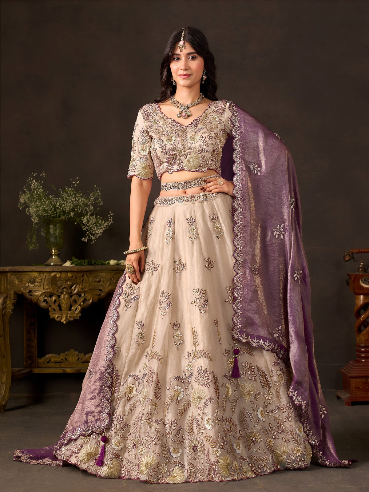 Purple Gold Fendy Fabric Embroidered Lehenga Choli With Dupatta ClothsVilla