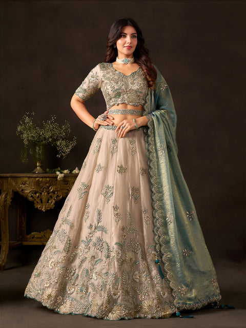 Teal Gold Fendy Fabric Embroidered Lehenga Choli With Dupatta ClothsVilla Main image