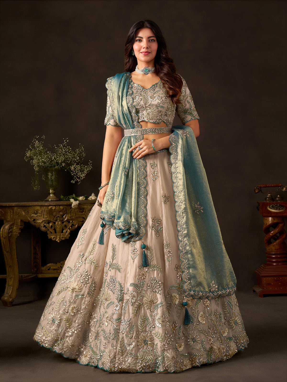 Teal Gold Fendy Fabric Embroidered Lehenga Choli With Dupatta ClothsVilla