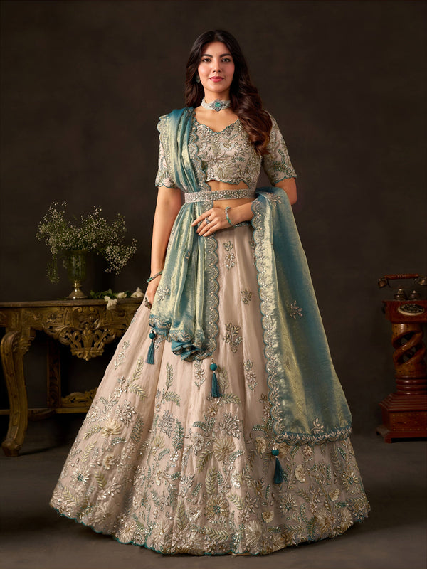 Teal Gold Fendy Fabric Embroidered Lehenga Choli With Dupatta ClothsVilla