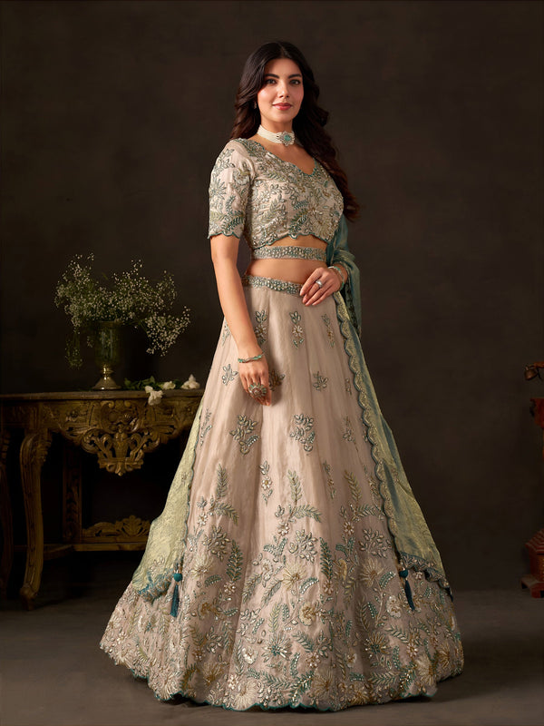 Teal Gold Fendy Fabric Embroidered Lehenga Choli With Dupatta ClothsVilla