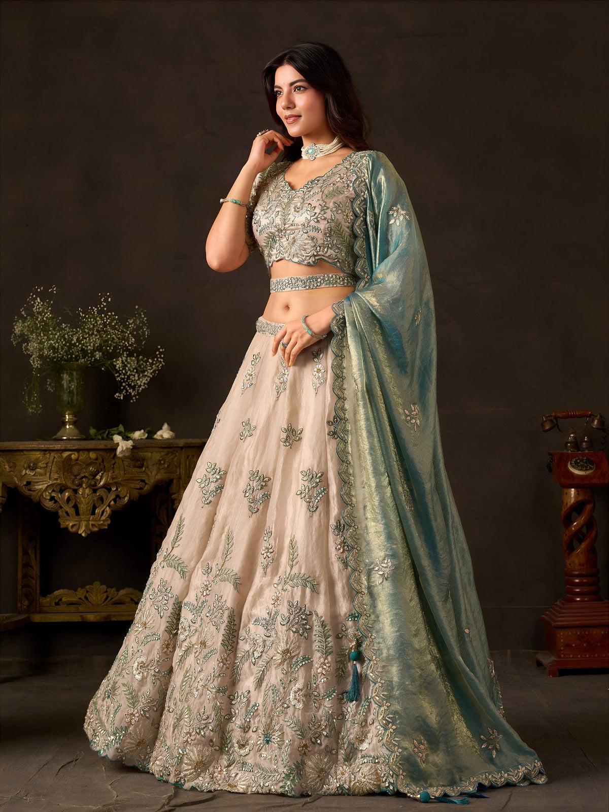 Teal Gold Fendy Fabric Embroidered Lehenga Choli With Dupatta ClothsVilla