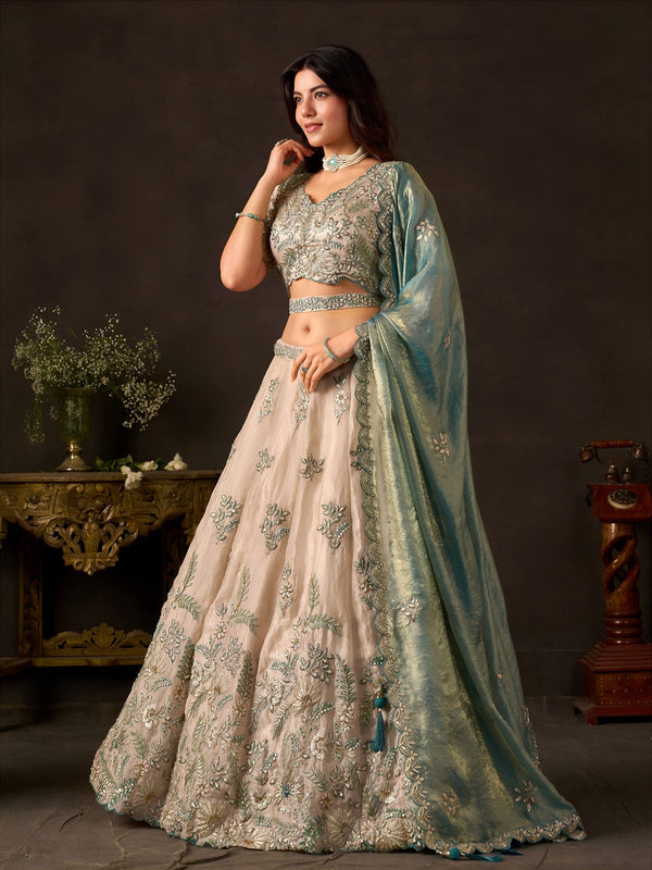 Teal Gold Fendy Fabric Embroidered Lehenga Choli With Dupatta ClothsVilla