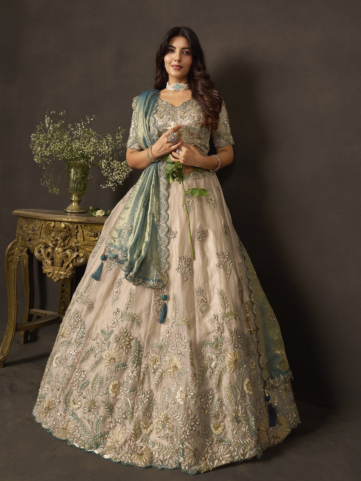Teal Gold Fendy Fabric Embroidered Lehenga Choli With Dupatta ClothsVilla