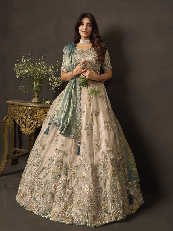 Teal Gold Fendy Fabric Embroidered Lehenga Choli With Dupatta ClothsVilla
