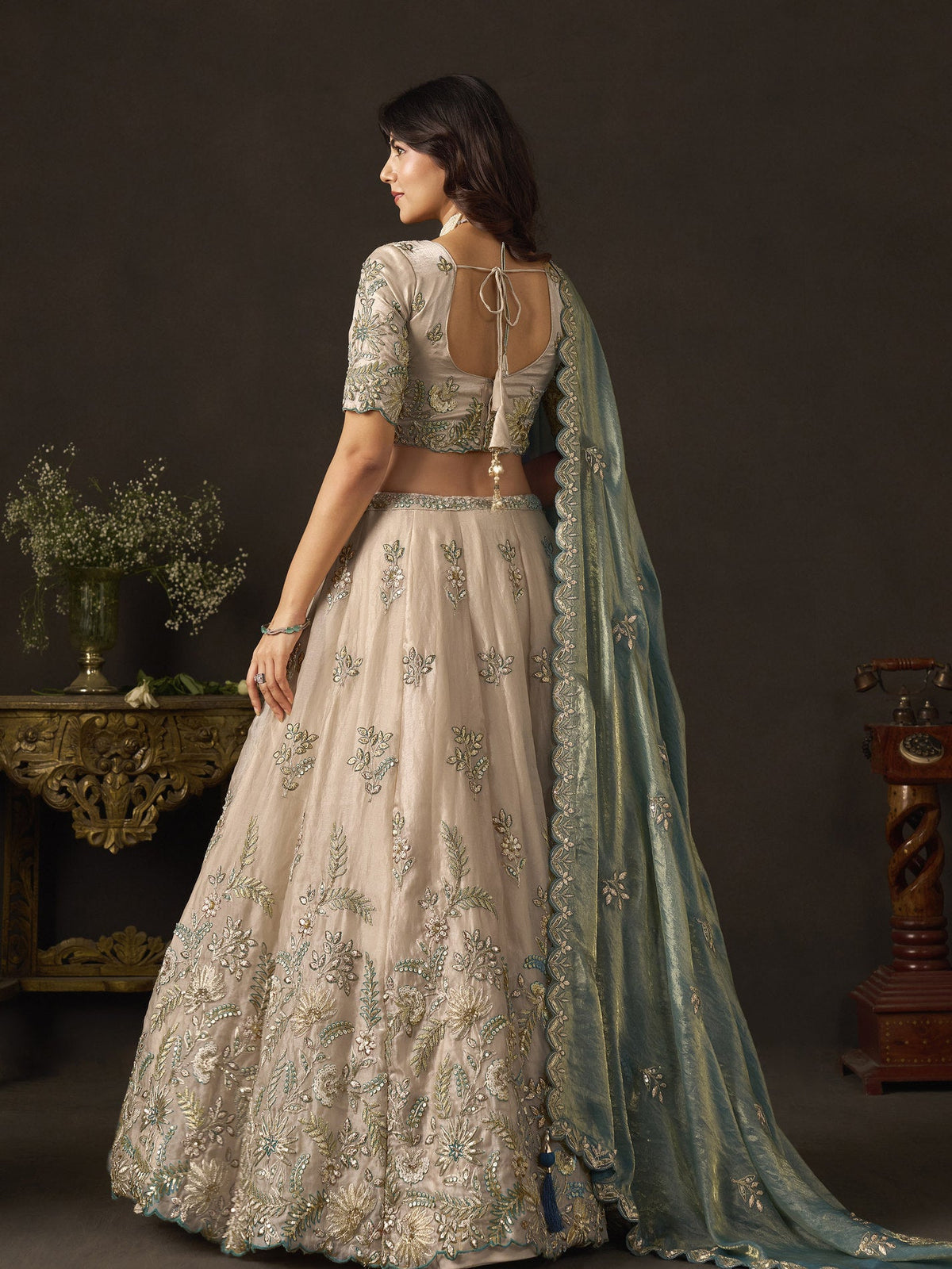 Teal Gold Fendy Fabric Embroidered Lehenga Choli With Dupatta ClothsVilla
