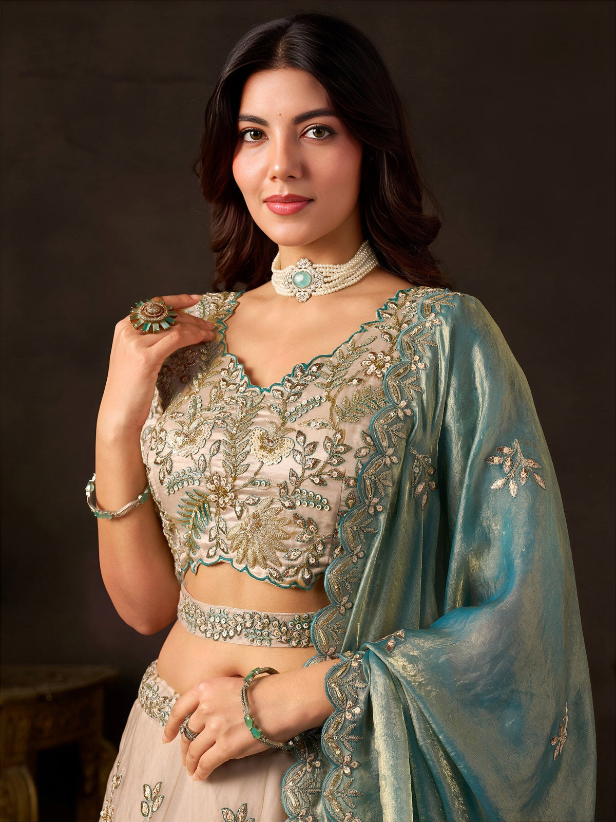 Teal Gold Fendy Fabric Embroidered Lehenga Choli With Dupatta ClothsVilla