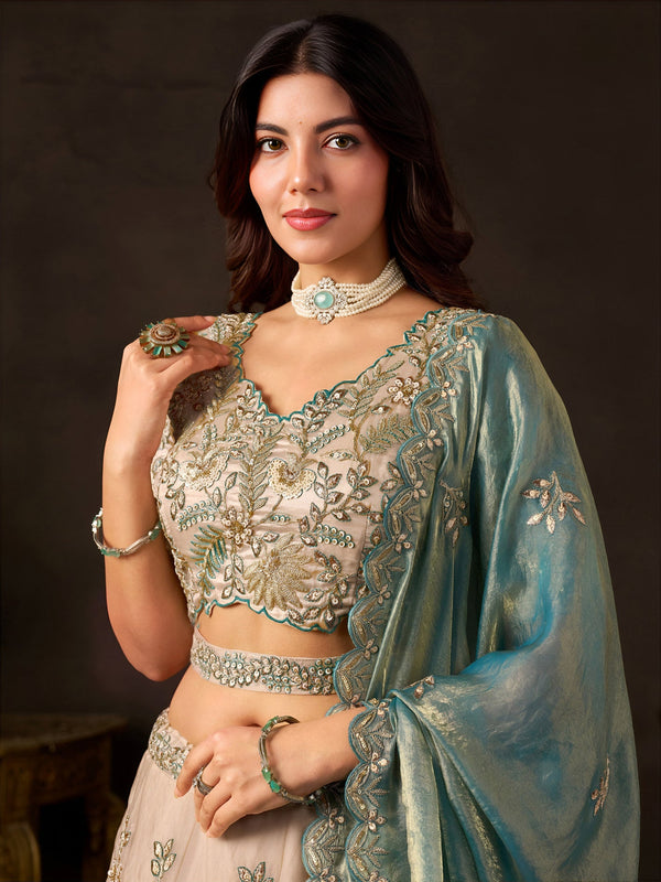 Teal Gold Fendy Fabric Embroidered Lehenga Choli With Dupatta ClothsVilla