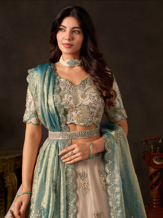 Teal Gold Fendy Fabric Embroidered Lehenga Choli With Dupatta ClothsVilla
