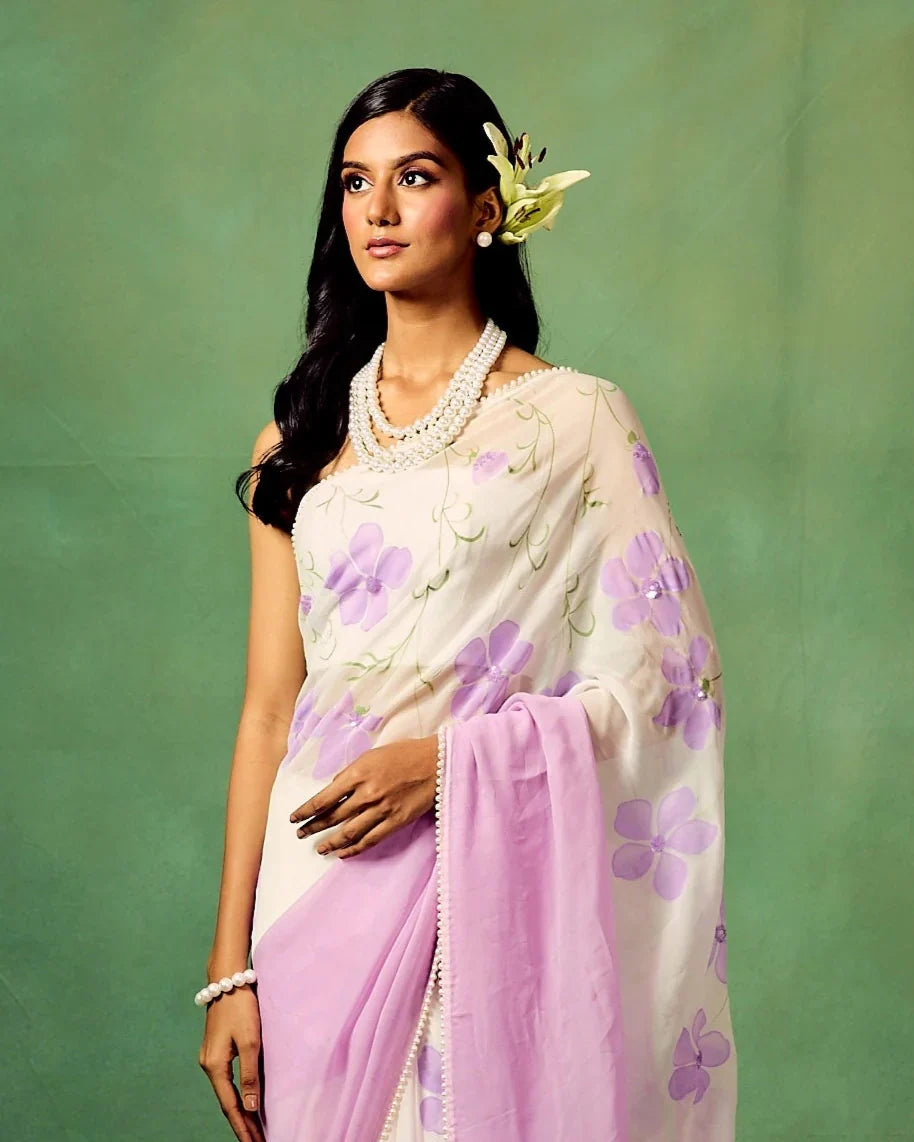Lavender Bloom Pure Georgette Saree – Hand-Painted Floral Motifs with Sequins & Modal Satin Blouse FANCY SAREES