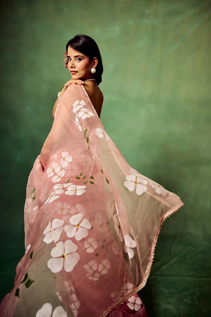 Blush Pink Pure Organza Saree with Hand-Painted White Floral Motifs & Sequin Accents | Satin Blouse FANCY SAREES