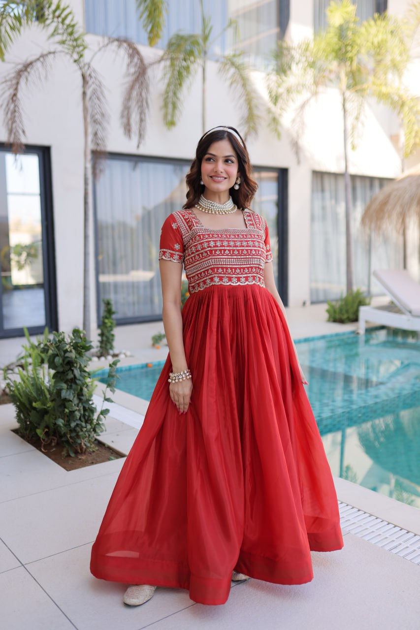 Anarkali Gown with Sequins, Zari Work ClothsVilla