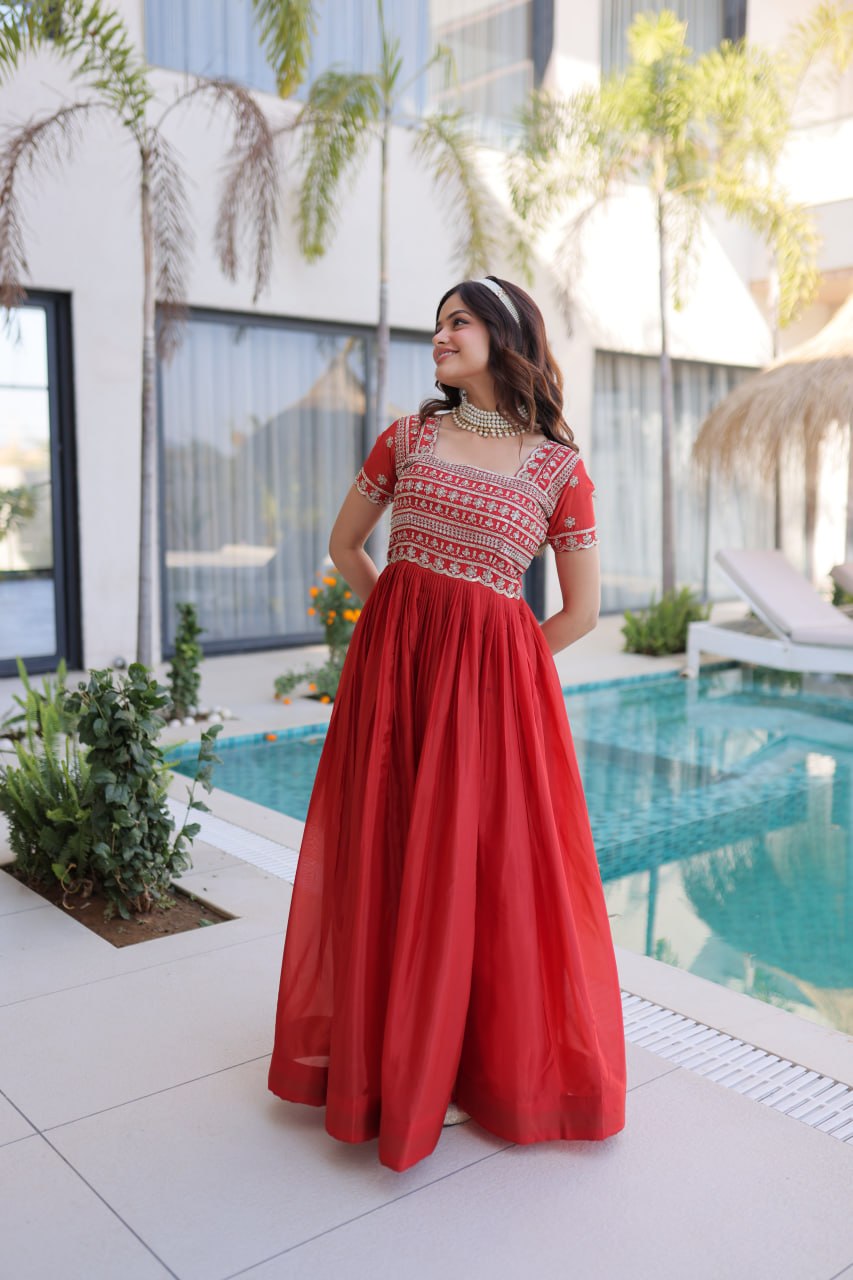 Anarkali Gown with Sequins, Zari Work ClothsVilla