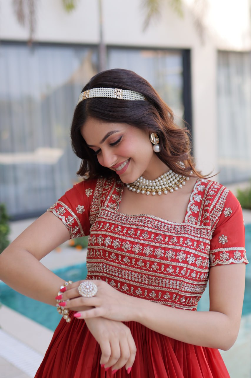 Anarkali Gown with Sequins, Zari Work ClothsVilla
