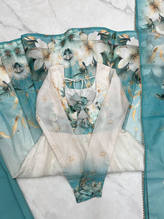 Aqua Blue Premium Organza Silk Anarkali Set with Dupatta & Pant ClothsVilla