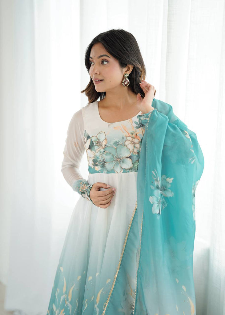 Aqua Blue Premium Organza Silk Anarkali Set with Dupatta & Pant ClothsVilla