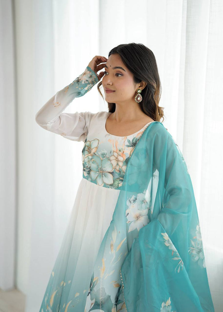 Aqua Blue Premium Organza Silk Anarkali Set with Dupatta & Pant ClothsVilla