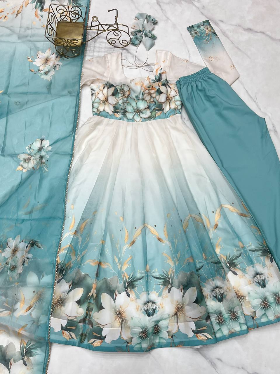Aqua Blue Premium Organza Silk Anarkali Set with Dupatta & Pant ClothsVilla