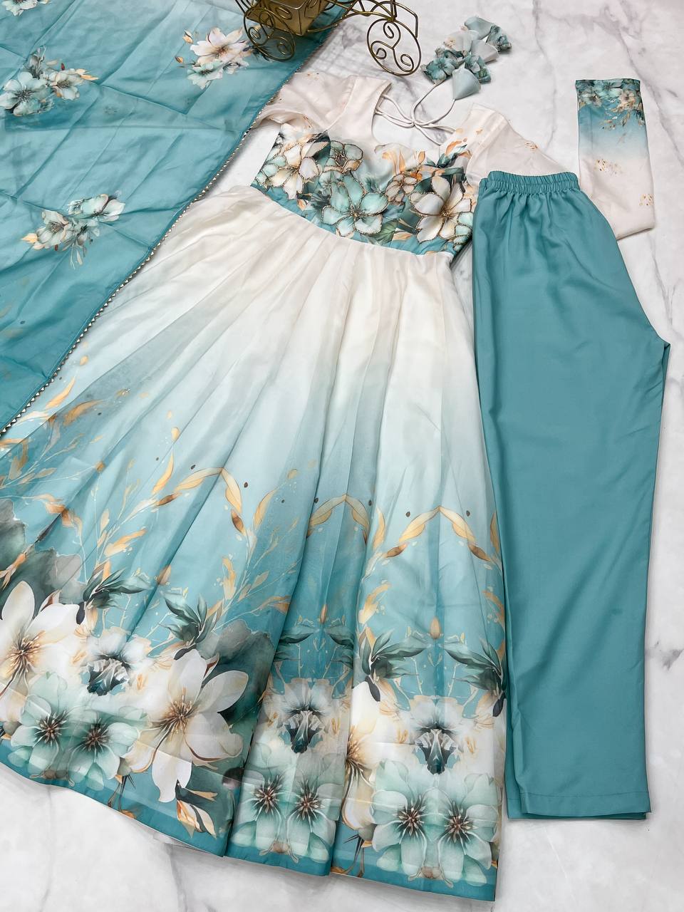Aqua Blue Premium Organza Silk Anarkali Set with Dupatta & Pant ClothsVilla