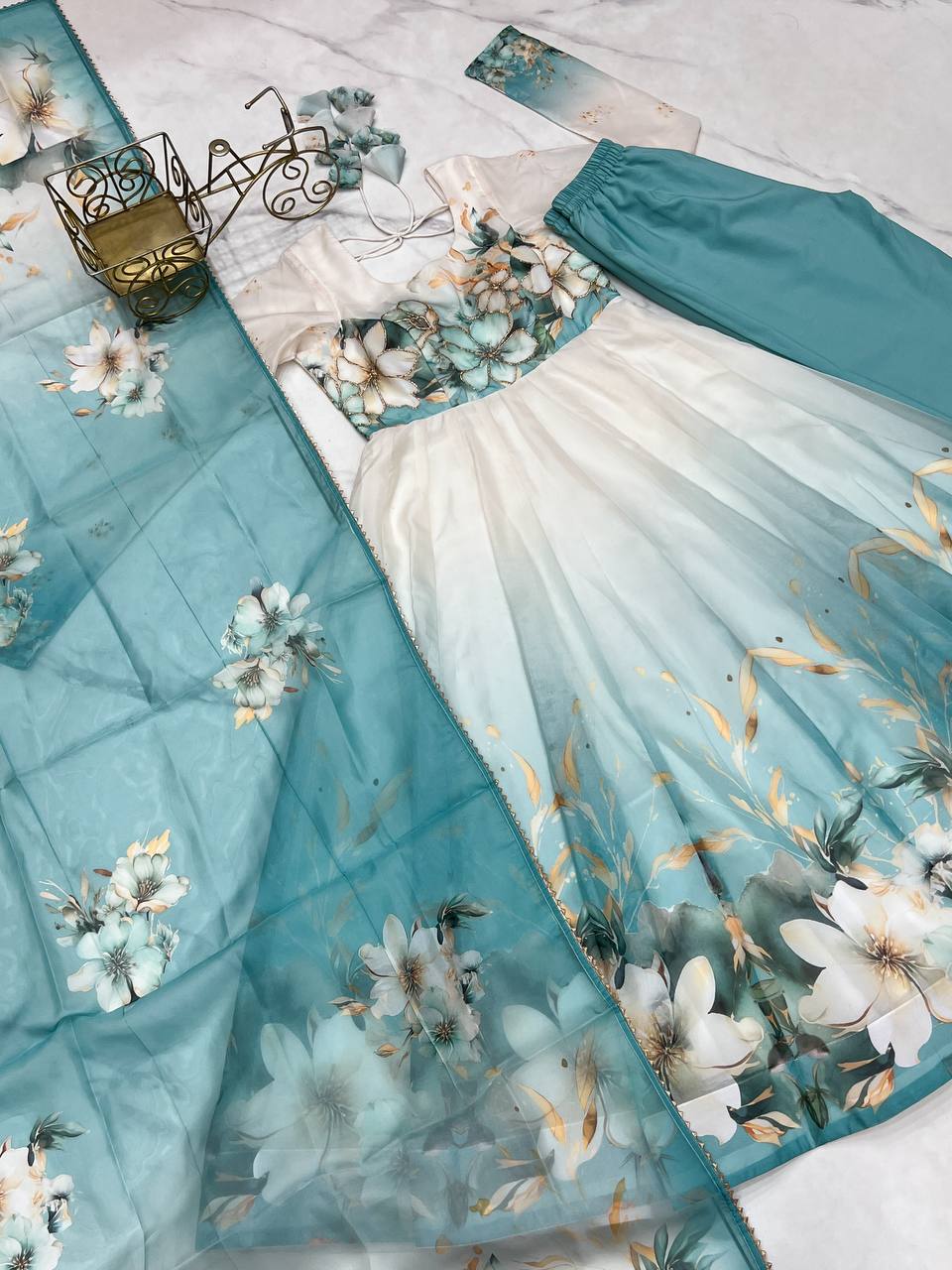 Aqua Blue Premium Organza Silk Anarkali Set with Dupatta & Pant ClothsVilla