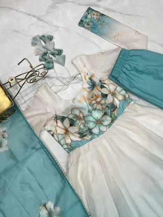 Aqua Blue Premium Organza Silk Anarkali Set with Dupatta & Pant ClothsVilla