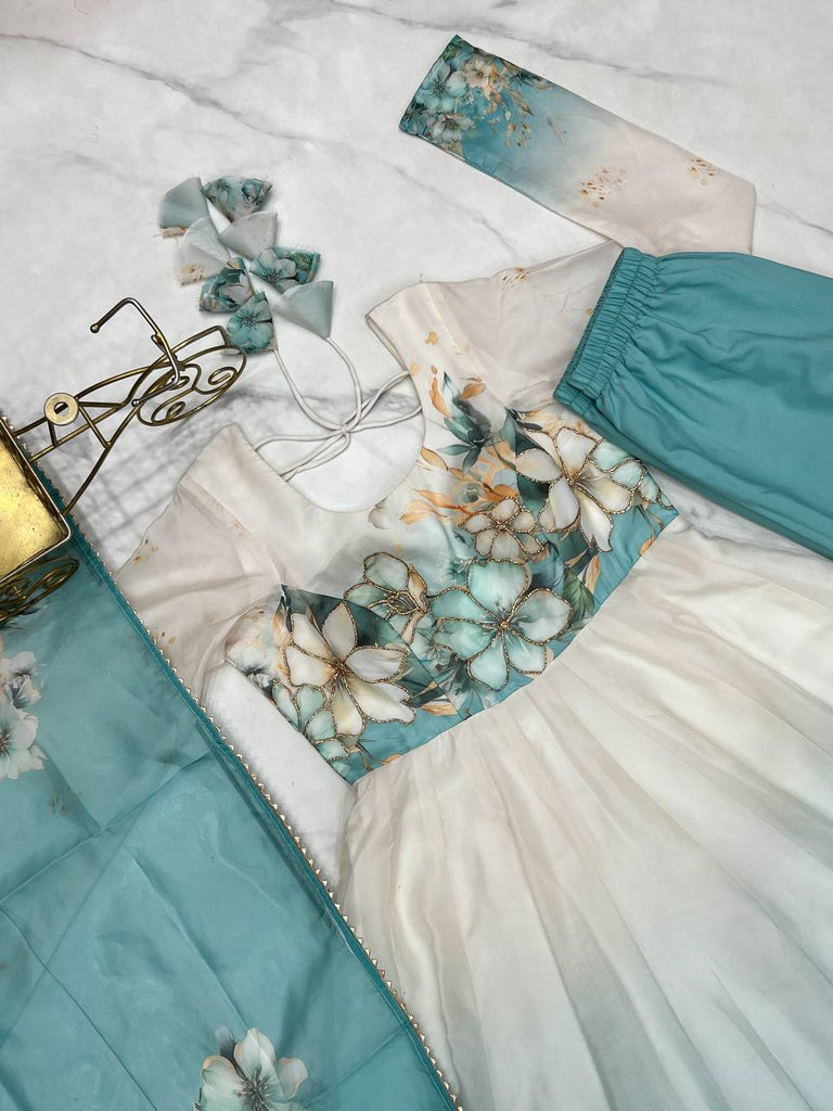 Aqua Blue Premium Organza Silk Anarkali Set with Dupatta & Pant ClothsVilla