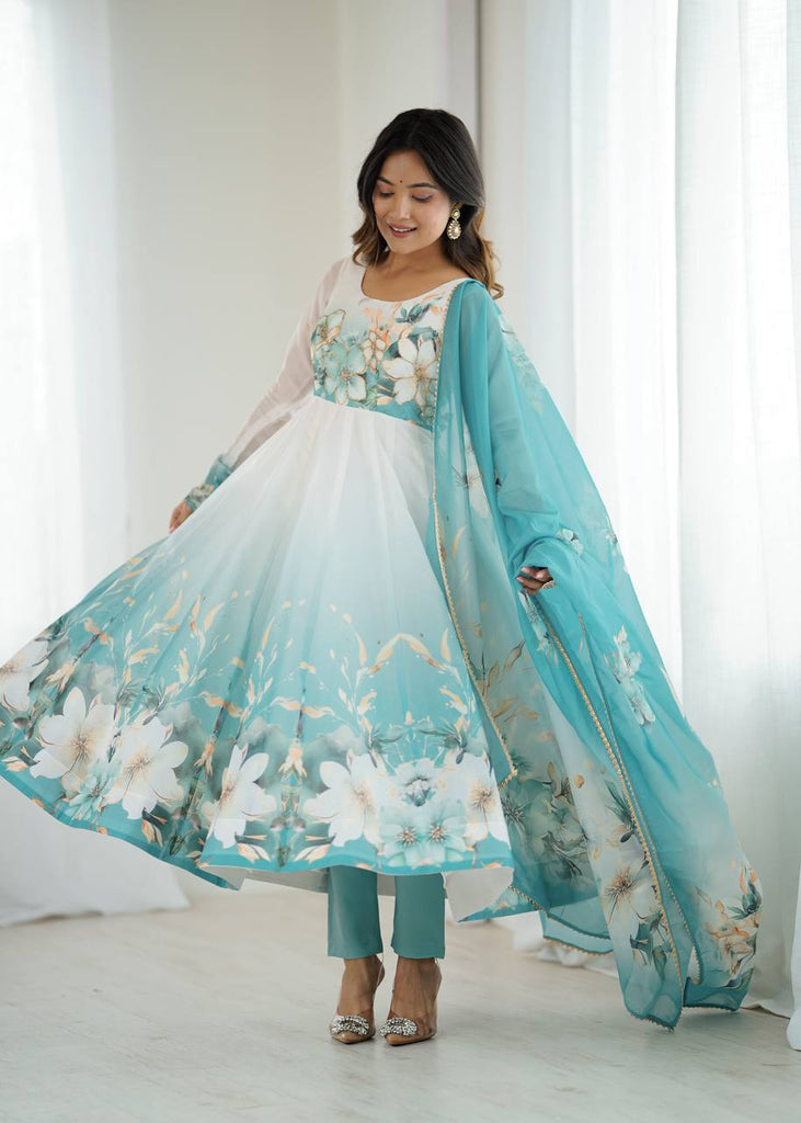 Aqua Blue Premium Organza Silk Anarkali Set with Dupatta & Pant ClothsVilla