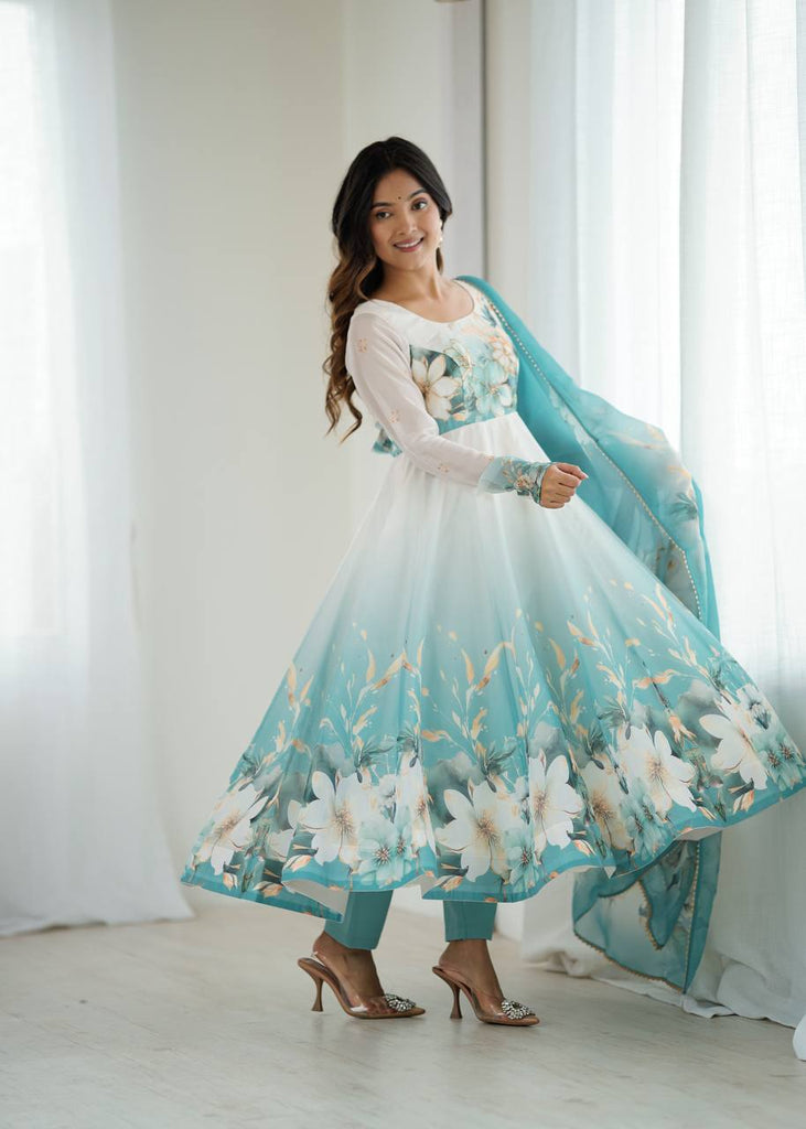 Aqua Blue Premium Organza Silk Anarkali Set with Dupatta & Pant ClothsVilla