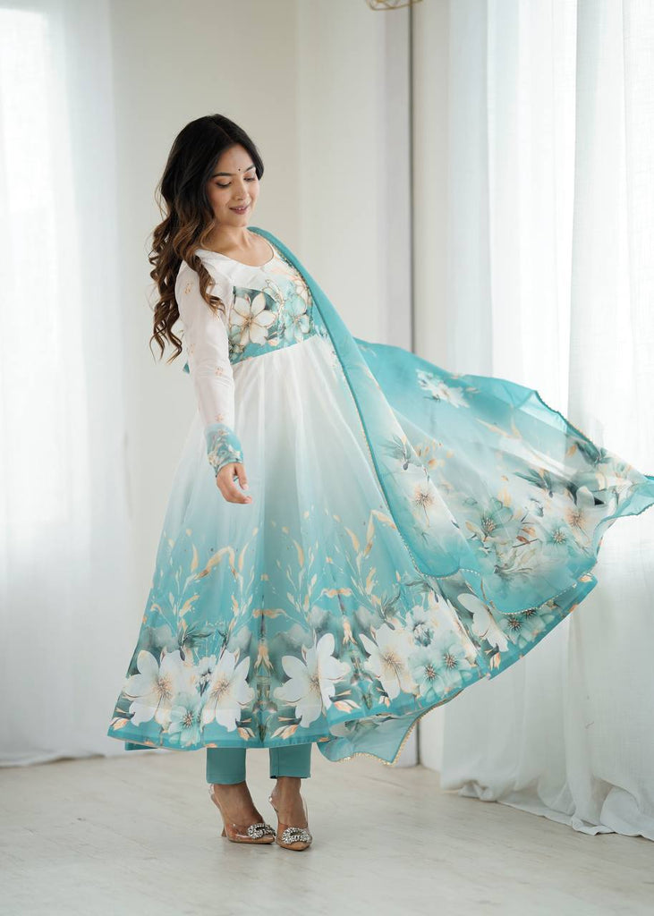 Aqua Blue Premium Organza Silk Anarkali Set with Dupatta & Pant ClothsVilla