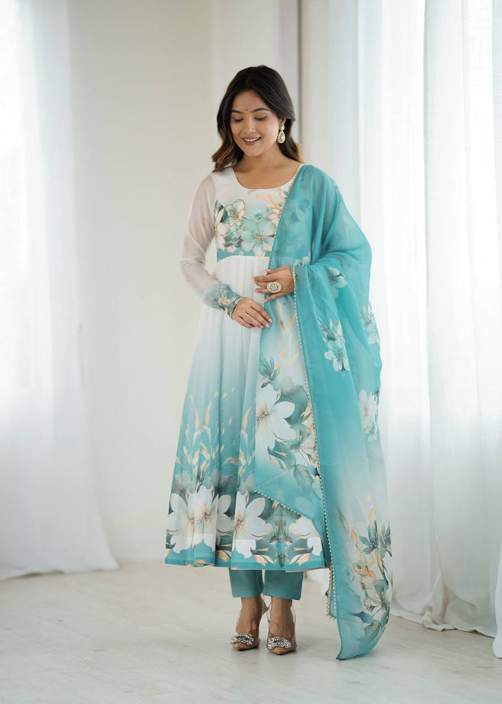 Aqua Blue Premium Organza Silk Anarkali Set with Dupatta & Pant ClothsVilla