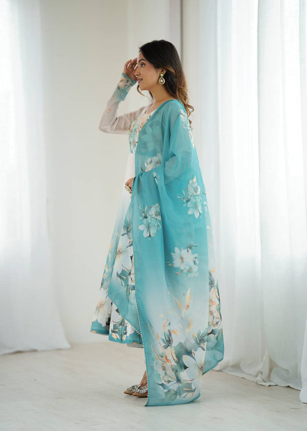 Aqua Blue Premium Organza Silk Anarkali Set with Dupatta & Pant ClothsVilla