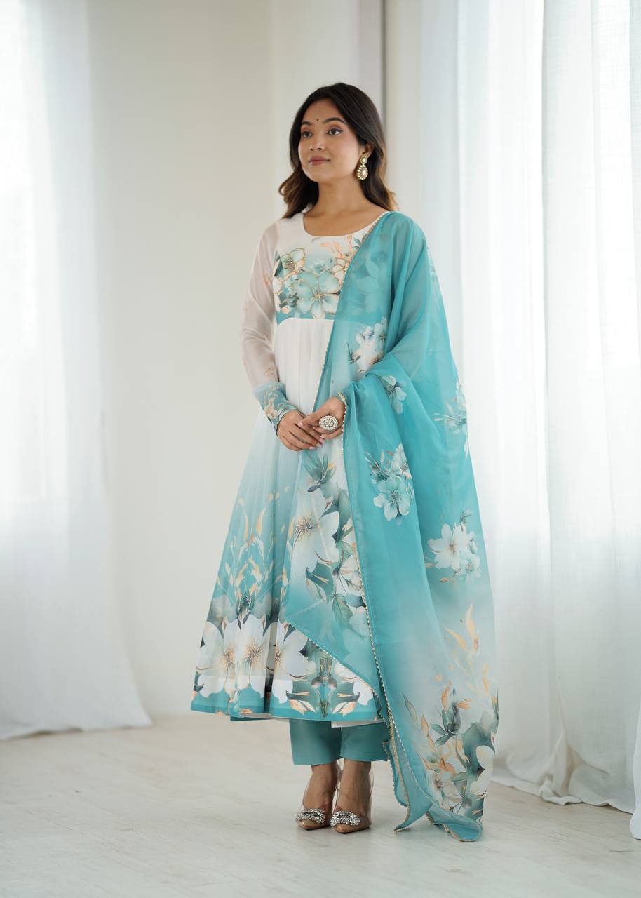 Aqua Blue Premium Organza Silk Anarkali Set with Dupatta & Pant ClothsVilla Main image