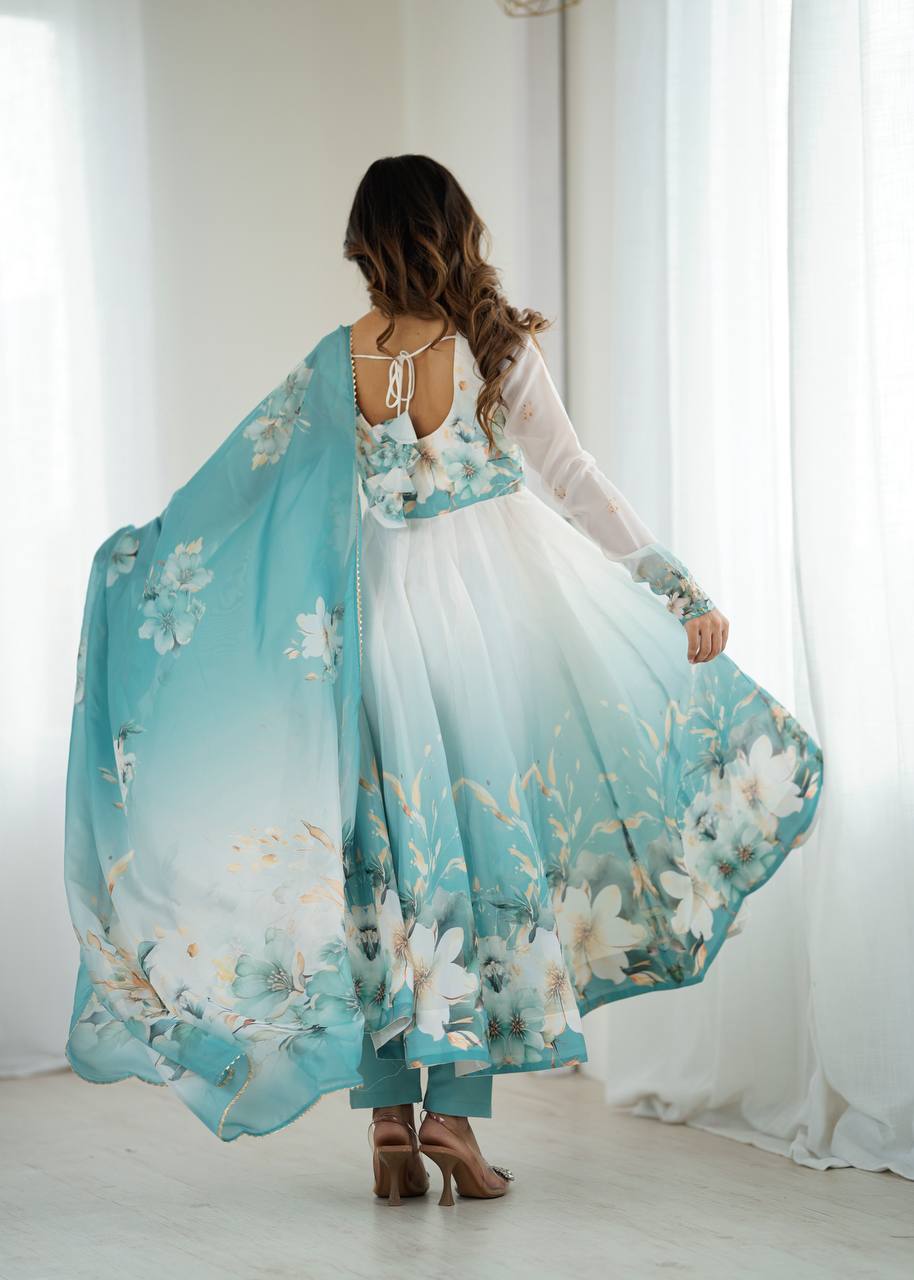 Aqua Blue Premium Organza Silk Anarkali Set with Dupatta & Pant ClothsVilla