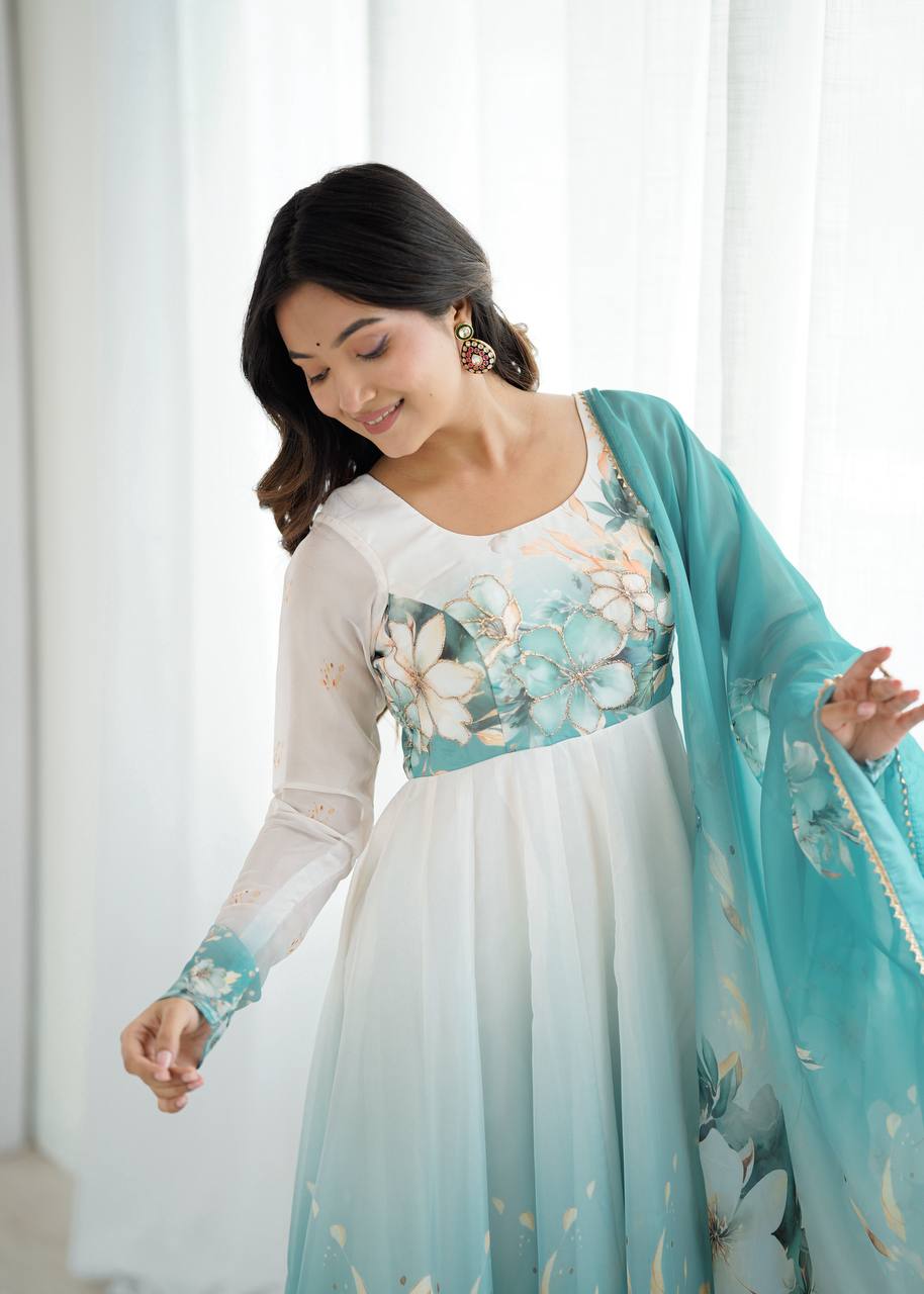Aqua Blue Premium Organza Silk Anarkali Set with Dupatta & Pant ClothsVilla
