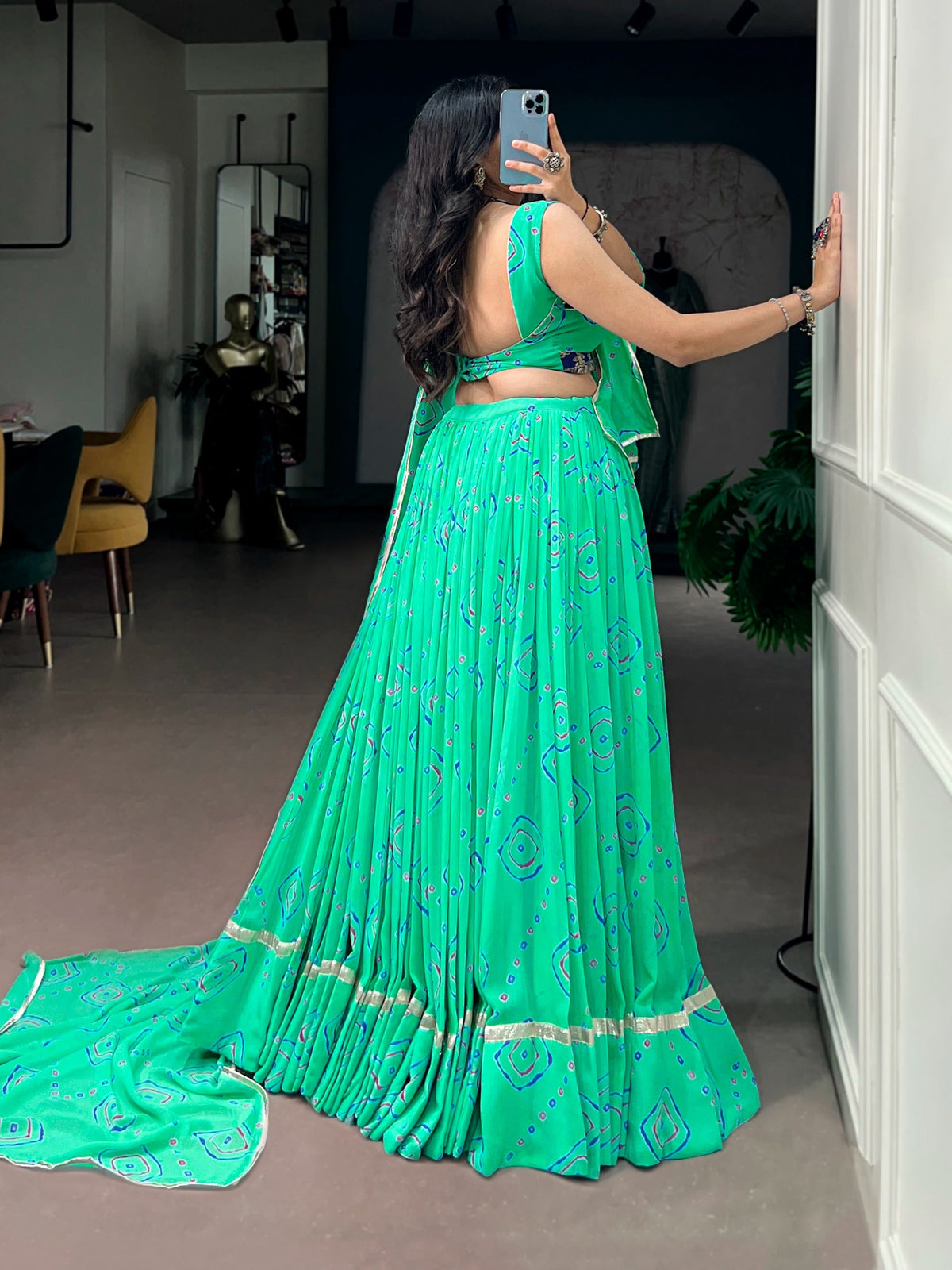 Aqua Green Bandhej Print Lehenga Choli ClothsVilla