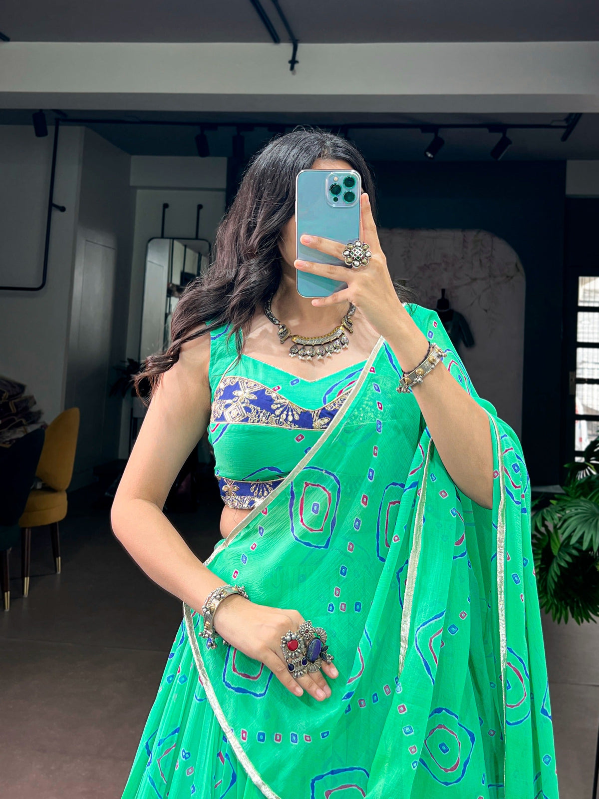 Aqua Green Bandhej Print Lehenga Choli ClothsVilla