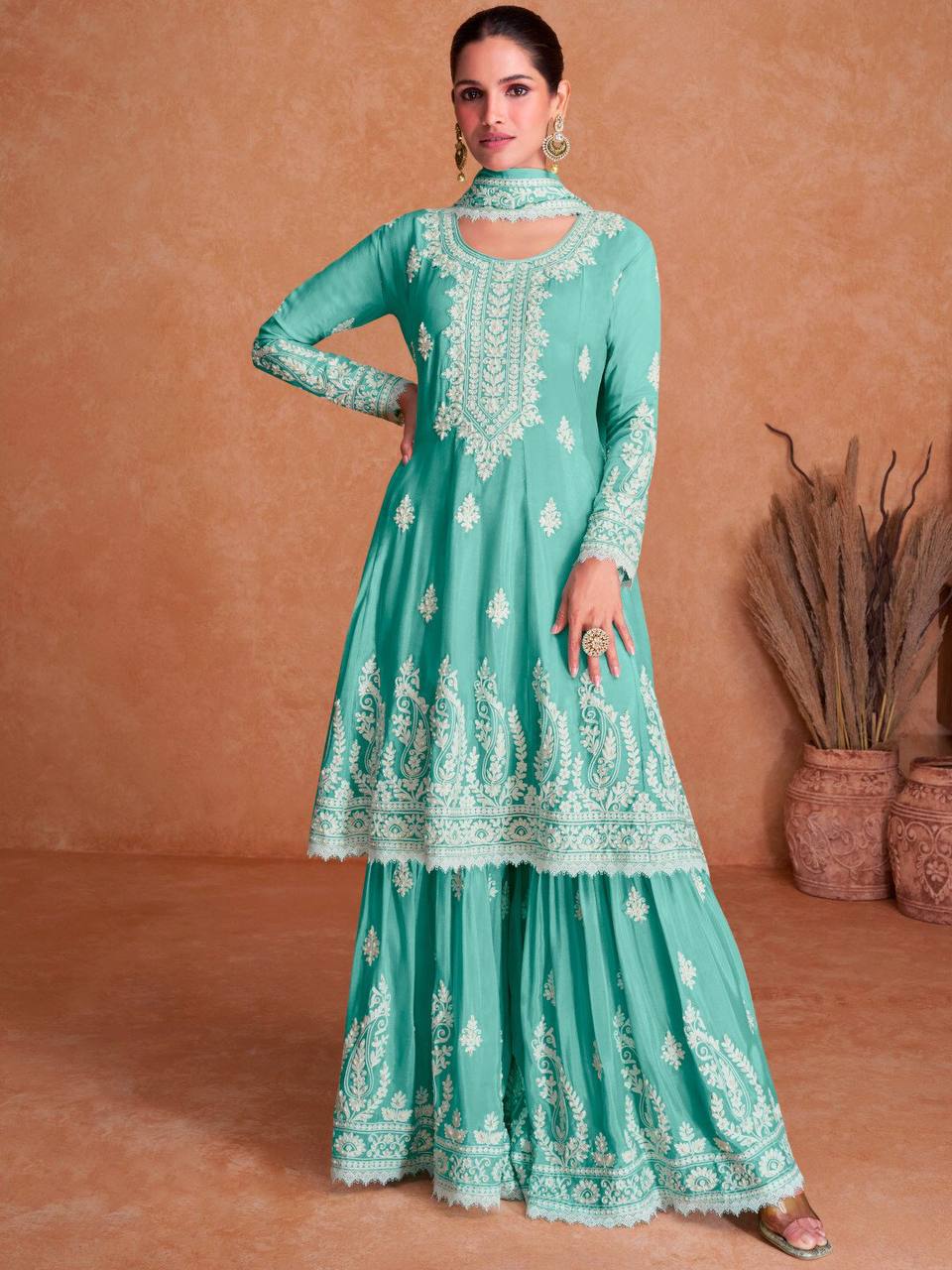Aqua Green Embellished Chinon Zari Stitched Palazzo Suit Set Main image