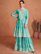 Load image into Gallery viewer, Aqua Green Embellished Chinon Zari Stitched Palazzo Suit Set